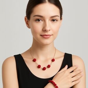 Handmade Red Beaded Choker & Elastic Bracelet Set Coquette Boho Jewelry 2-pc Set